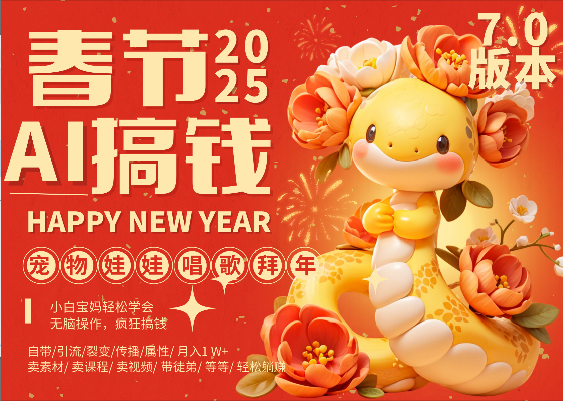 AI春节搞钱7.0升级版 蝴蝶号超火爆萌宠唱歌拜年  AI一键制作 批量出内容   春节做轻松躺赚 每日轻松十分钟  月赚米1W+  抓紧冲！可做视频 可卖素材只带小白和宝妈！轻创网-网创项目资源站-副业项目-创业项目-搞钱项目轻创网