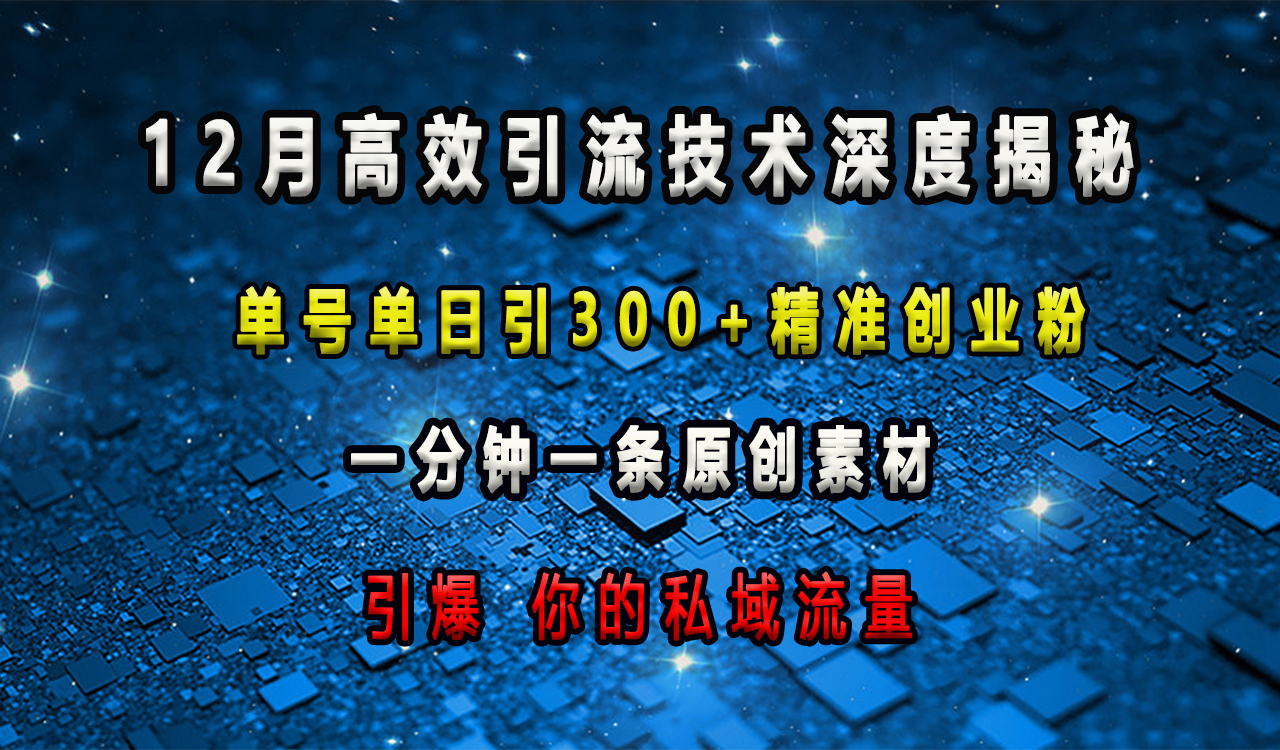 12月高效引流技术深度揭秘 ，单号单日引300+精准创业粉，一分钟一条原创素材，引爆你的私域流量轻创网-网创项目资源站-副业项目-创业项目-搞钱项目轻创网