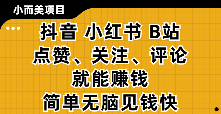 小而美的项目，抖音、小红书、B站视频点赞、关注、评论就能赚钱，简单无脑立见收益！妥妥的零撸项目轻创网-网创项目资源站-副业项目-创业项目-搞钱项目轻创网