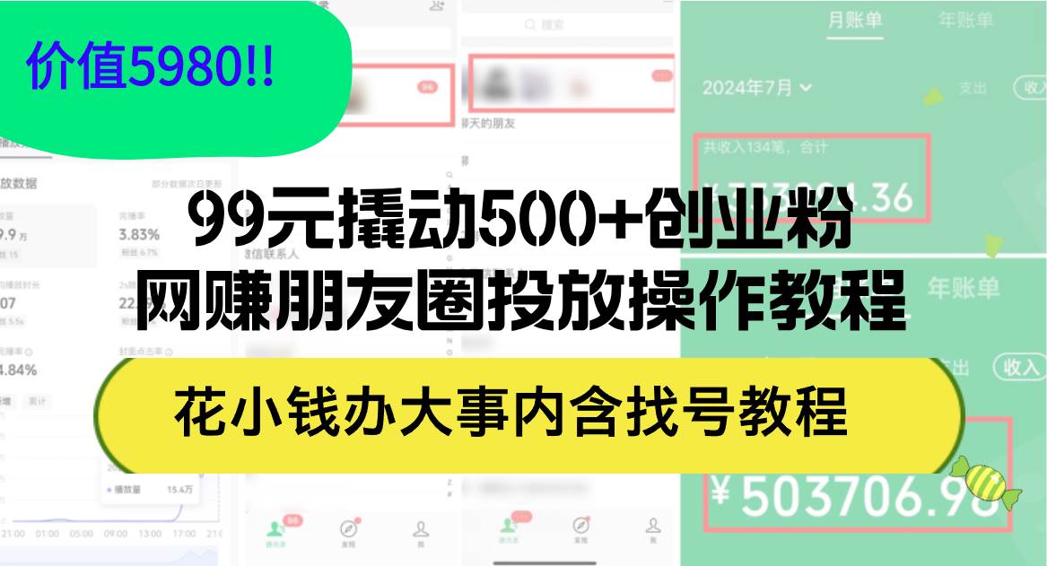 99元撬动500+创业粉，网赚朋友圈投放操作教程价值5980！花小钱办大事内…轻创网-网创项目资源站-副业项目-创业项目-搞钱项目轻创网