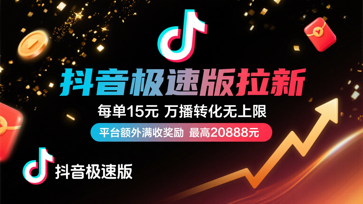 抖音极速版放福利,每单15元,万播转化无上限,平台额外满收奖励,最高可领20888元轻创网-网创项目资源站-副业项目-创业项目-搞钱项目轻创网